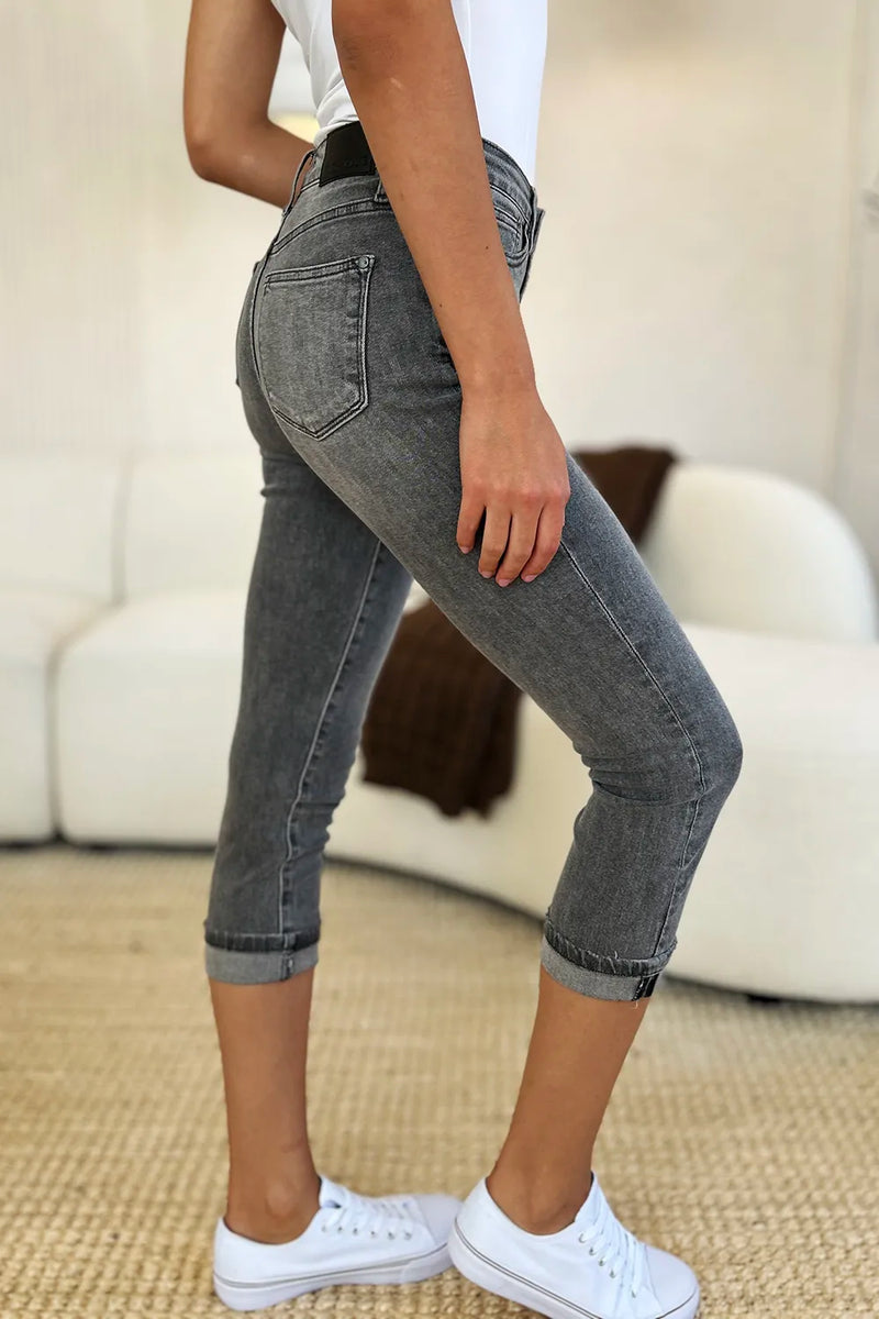Judy Blue Full Size Button Fly High Waist Cuffed Capris - Brittney MADE