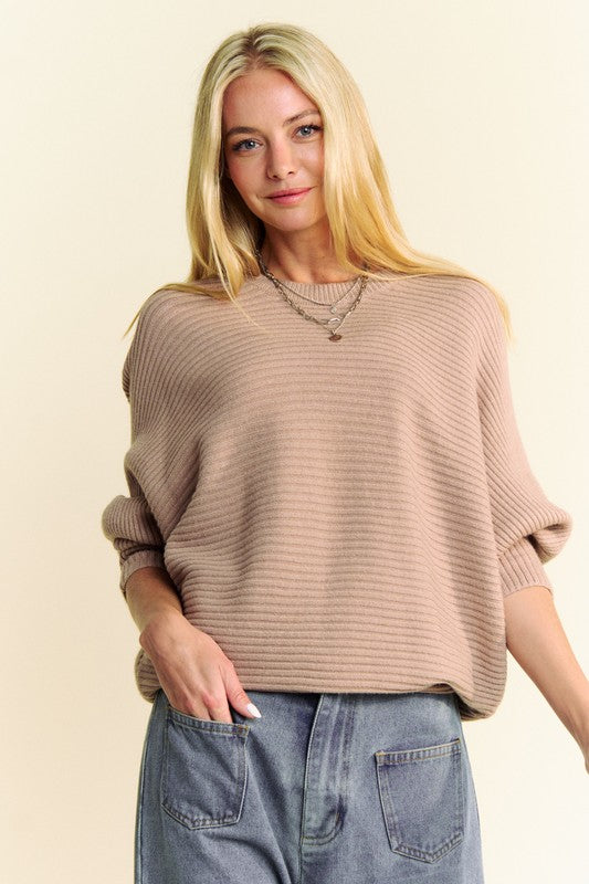 Davi & Dani Round Neck Batwing Sleeve Sweater - Brittney MADE