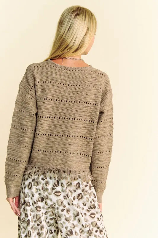 Davi & Dani Fringe Hem Openwork Drop Shoulder Knit Top - Brittney MADE