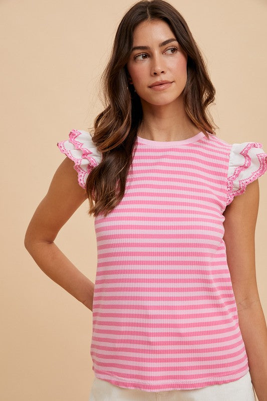Annie Wear Ruffled Striped Round Neck Cap Sleeve Knit Top - Brittney MADE