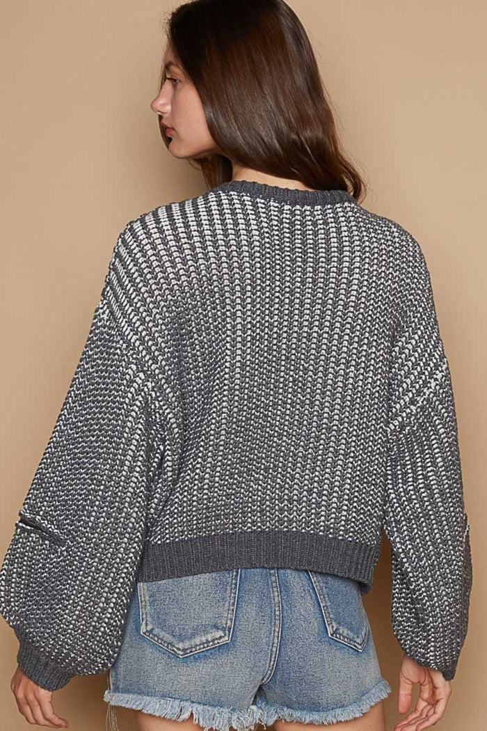 POL Round Neck Heart Patch Zipper Point Sleeve Sweater - Brittney MADE