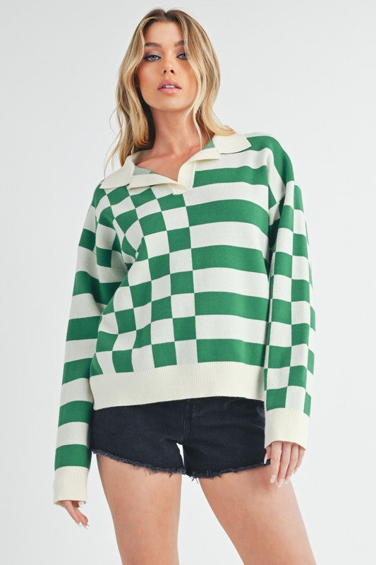 Aemi + Co Striped & Checkered Drop Shoulder Sweater - Brittney MADE