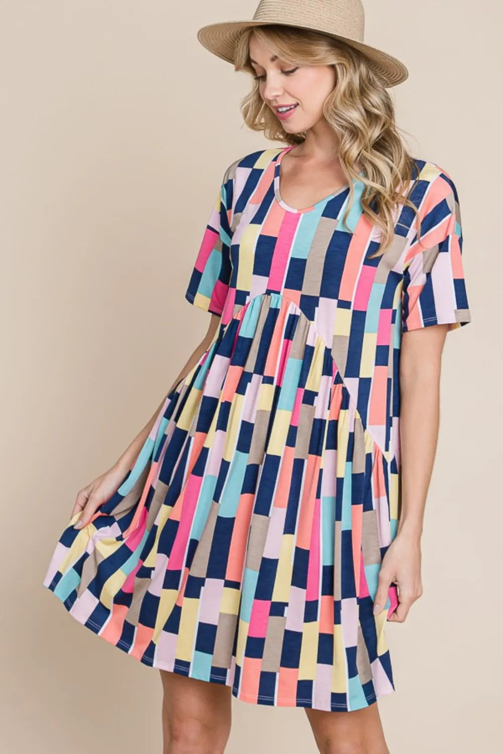 BOMBOM Ruched Color Block Short Sleeve Mini Dress - Brittney MADE