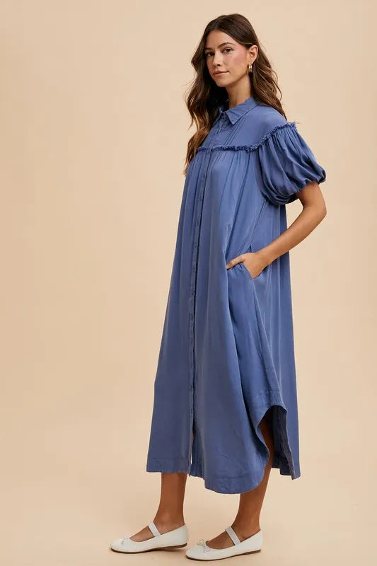 Annie Wear Mineral Washed Button Down Puff Sleeve Shirt Dress - Brittney MADE