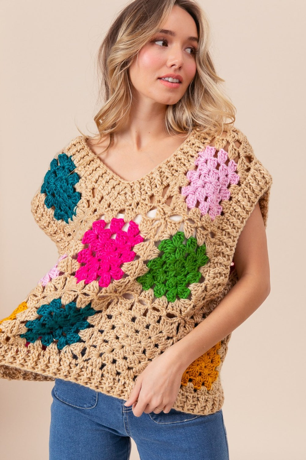 BiBi Granny Square Openwork Sweater Vest - Brittney MADE