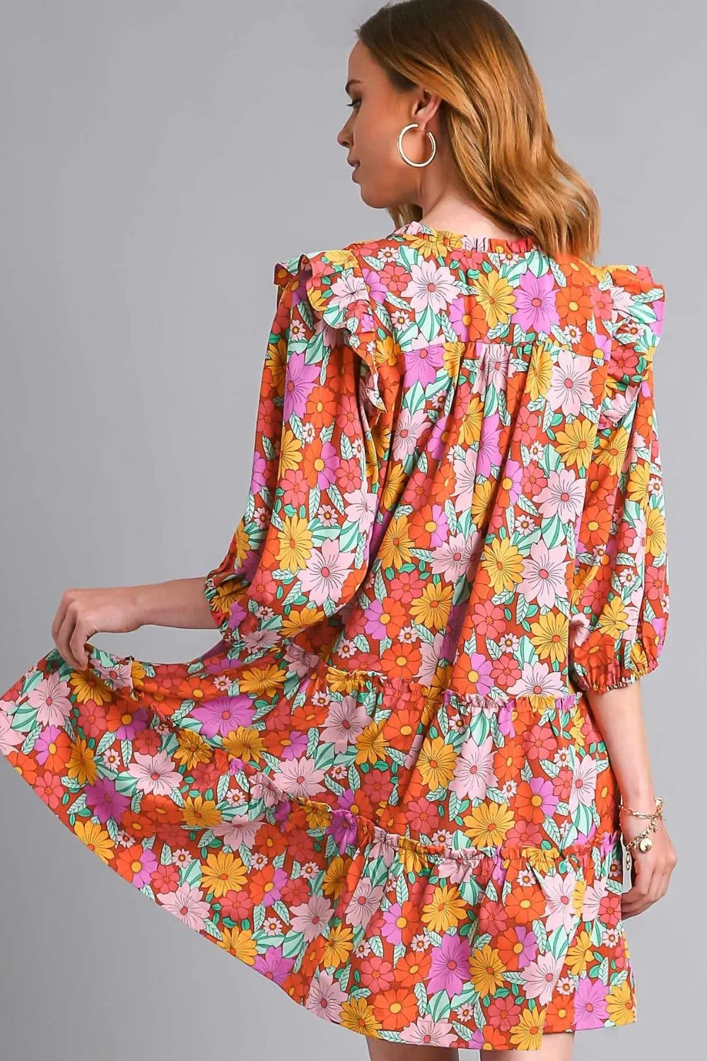 Umgee Full Size Ruffled Flower Print Tie Neck Tiered Dress Plus Size - Brittney MADE