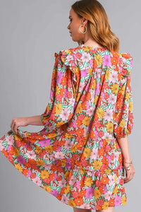 Umgee Full Size Ruffled Flower Print Tie Neck Tiered Dress Plus Size - Brittney MADE