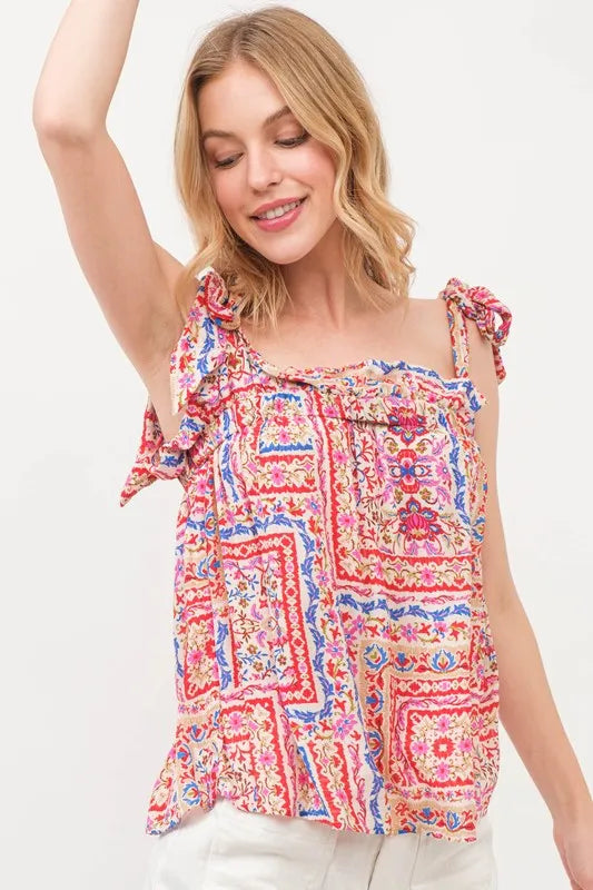 And The Why Ruffled Neck Tied Strap Boho Printed Swing Top - Brittney MADE