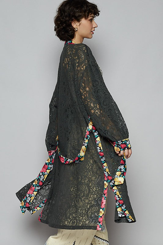 POL Floral Trim Lace Open Front Longline Cardigan - Brittney MADE