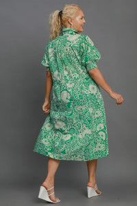 Umgee Full Size Printed Smocked Cuff Puff Sleeve Midi Dress Plus Size - Brittney MADE