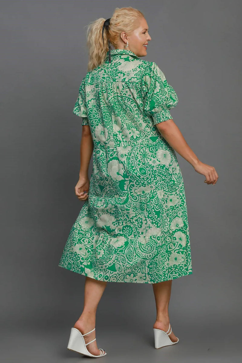Umgee Full Size Printed Smocked Cuff Puff Sleeve Midi Dress Plus Size - Brittney MADE