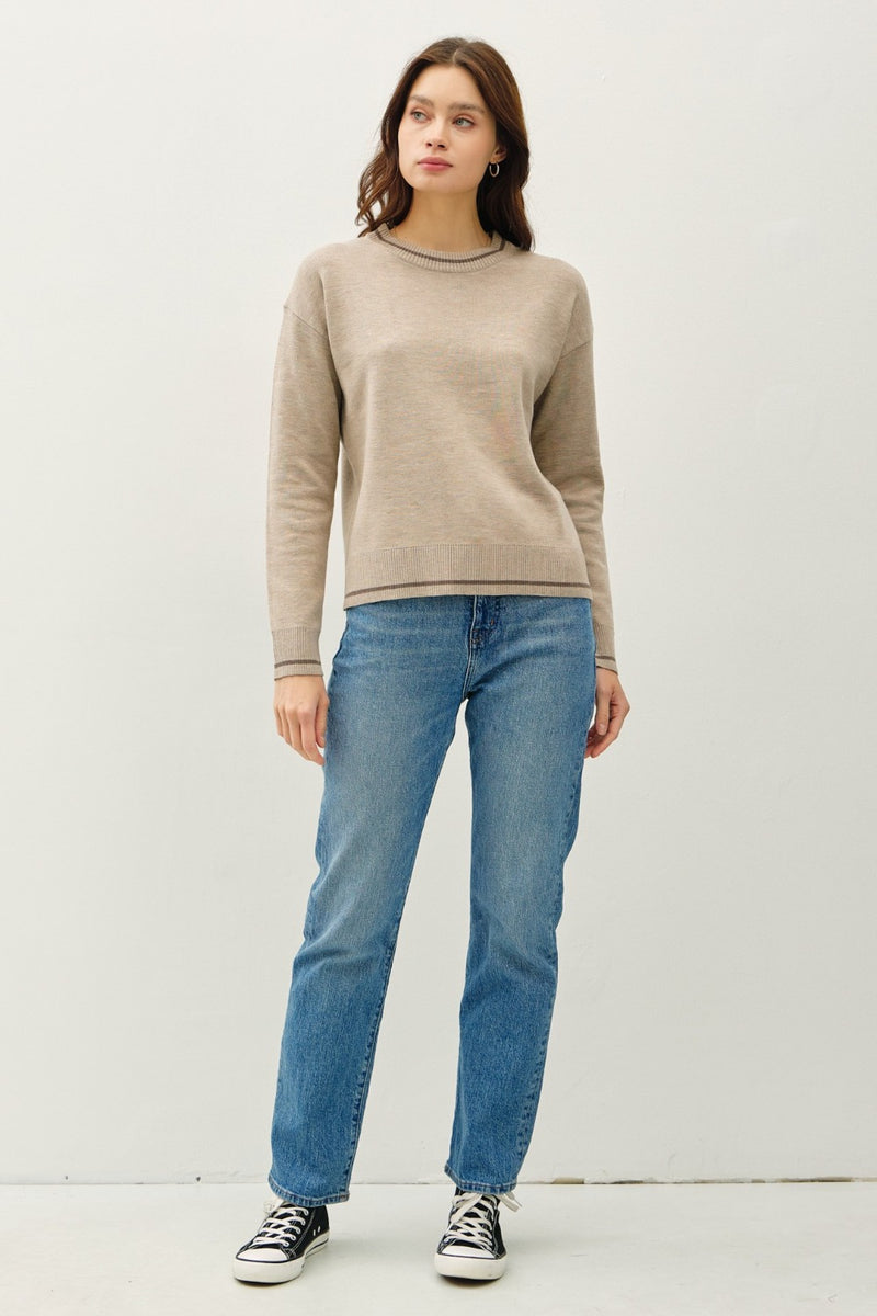 Be Cool Striped Trim Round Neck Long Sleeve Sweater - Brittney MADE
