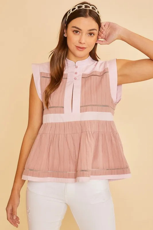 Annie Wear Contrast Trim Peplum Button Detail Blouse - Brittney MADE