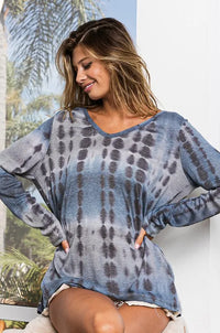 BiBi Tie-Dye Rib Knit V-Neck Long Sleeve T-Shirt - Brittney MADE