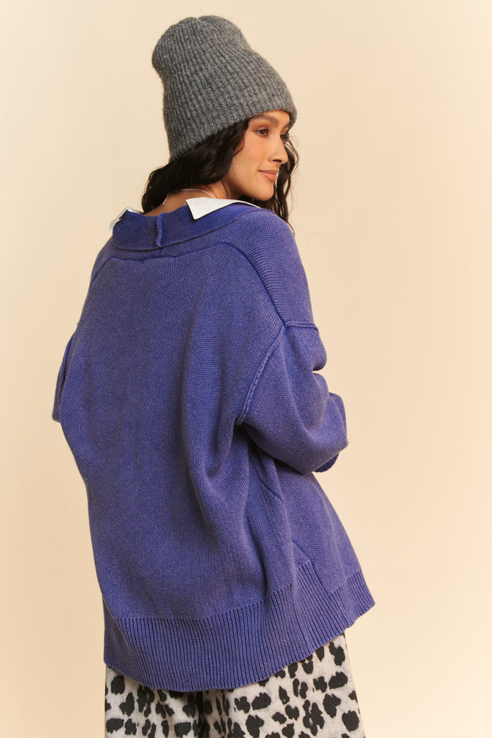 Davi & Dani Shawl Collar Ribbed Detail Button Up Cardigan - Brittney MADE