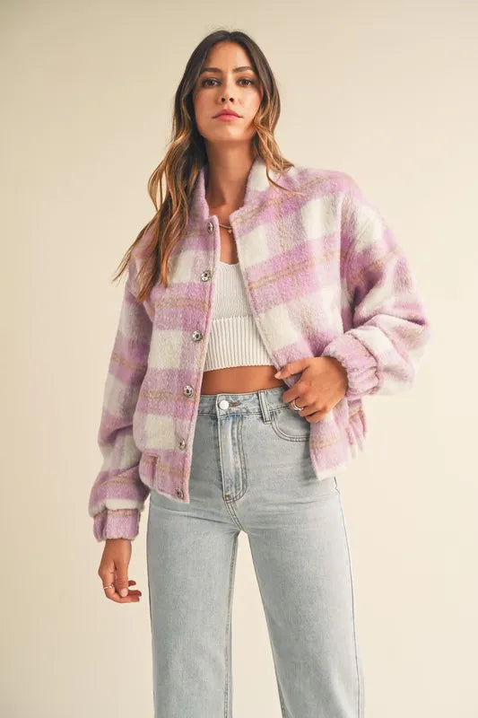 MABLE Plaid Print Fuzzy Bomber Jacket - Brittney MADE