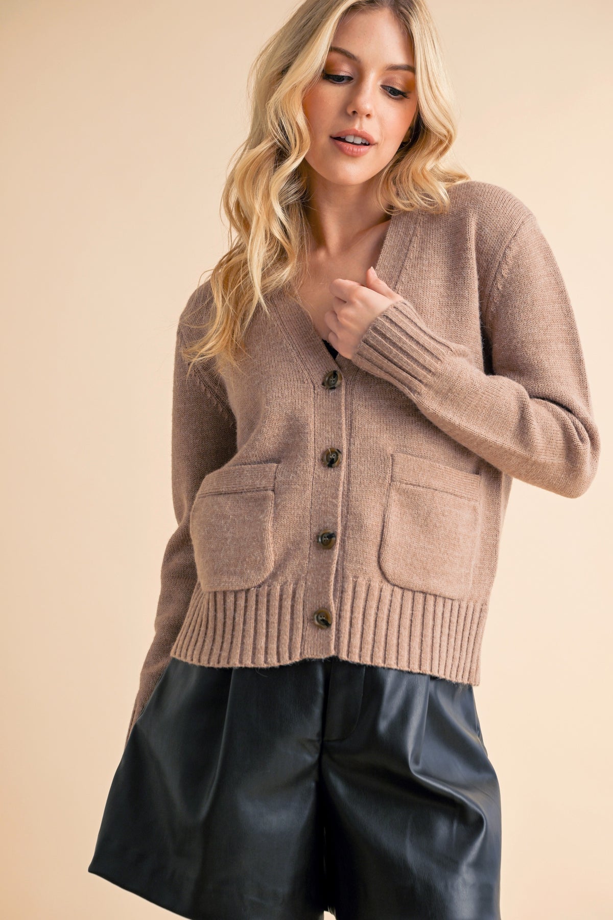 Aemi + Co Ribbed Hem Button Down V-Neck Cardigan - Brittney MADE