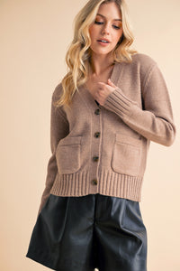 Aemi + Co Ribbed Hem Button Down V-Neck Cardigan - Brittney MADE