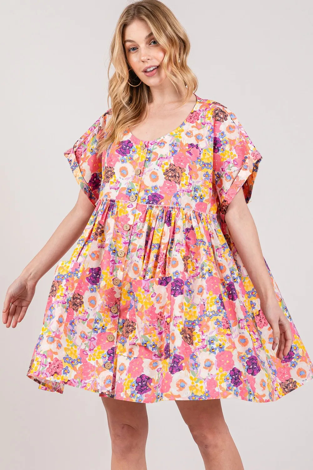 SAGE + FIG Floral Short Sleeve Babydoll Dress with Pockets - Brittney MADE