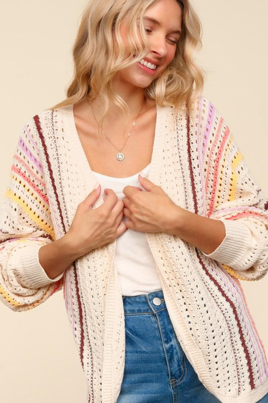 Haptics Full Size Striped Crochet Open Front Cardigan - Brittney MADE