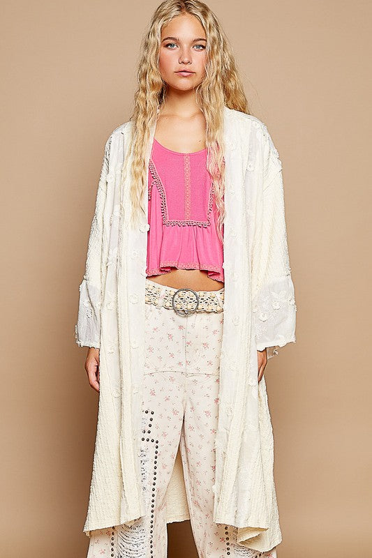 POL Flower Lace Trim Open Front Longline Cardigan - Brittney MADE