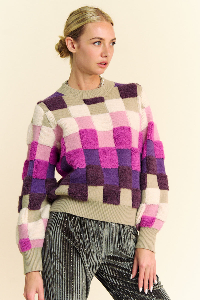 Davi & Dani Checkered Round Neck Long Sleeve Sweater - Brittney MADE