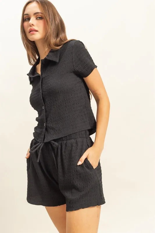 HYFVE Textured Short Sleeve Top and Drawstring Shorts Knit Set - Brittney MADE