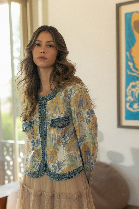 Annie Wear Floral Jacquard Denim Contrast Button Down Jacket - Brittney MADE