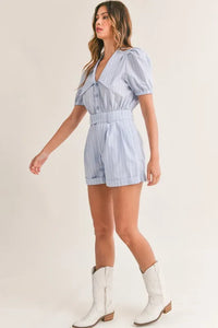MABLE Striped Puff Sleeve Collared Neck Romper - Brittney MADE