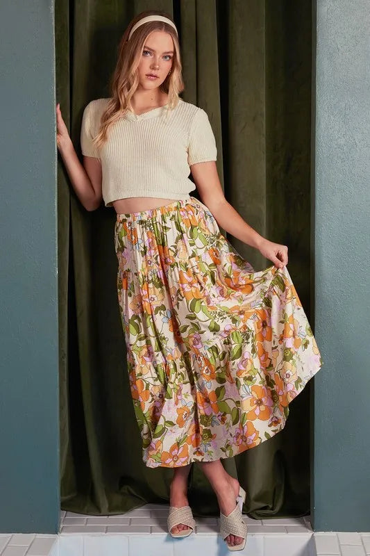 Mittoshop Flower Print Elastic Waist Tiered Skirt - Brittney MADE
