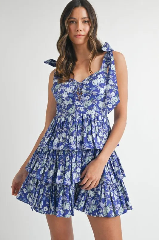 MABLE Floral Print Shoulder Tie Layered Mini Dress - Brittney MADE