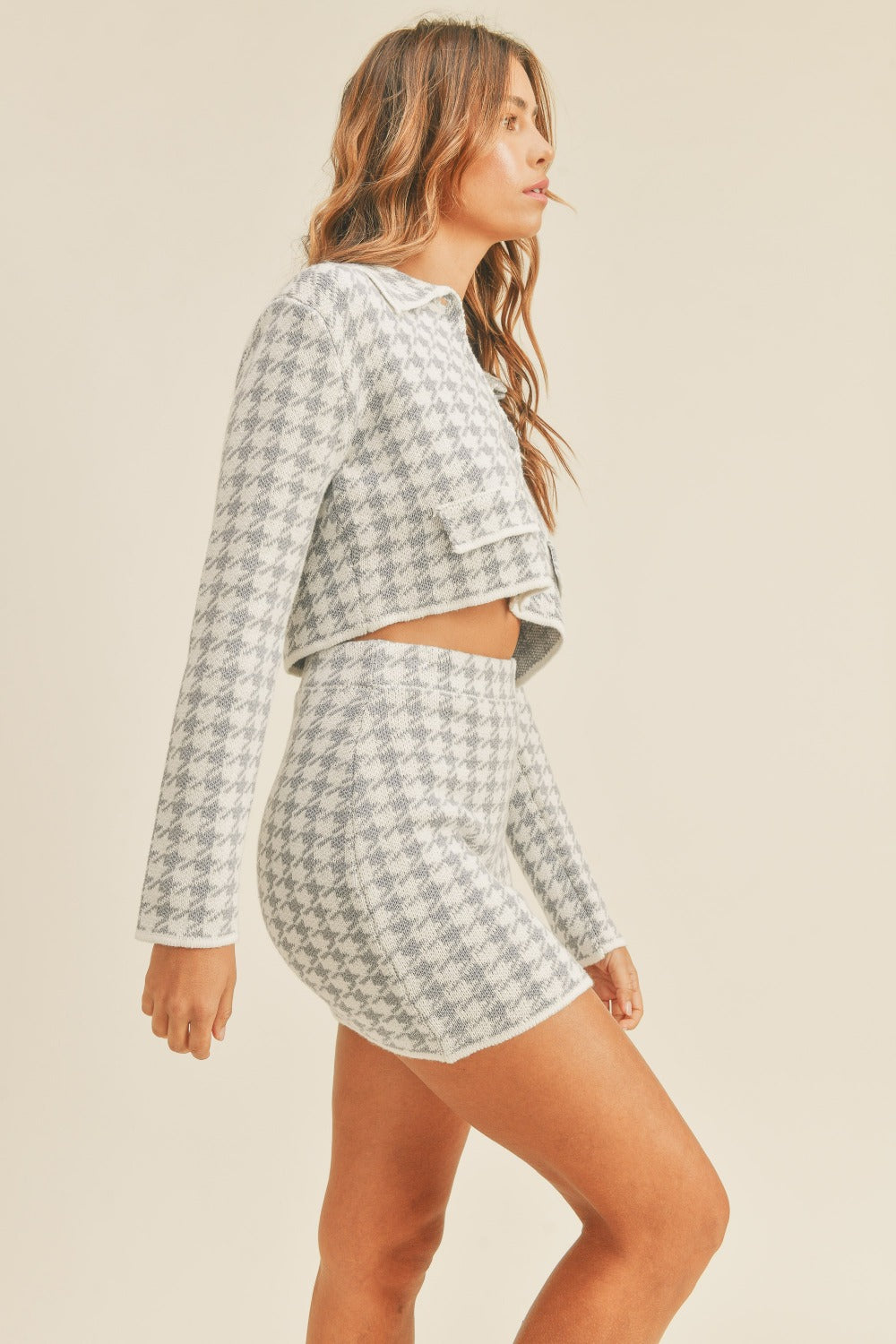MABLE Houndstooth Cropped Knit Cardigan and Mini Skirt Set - Brittney MADE