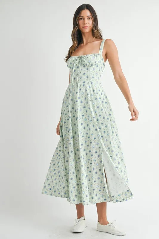 MABLE Floral Print Bustier Back Lace Up Midi Dress - Brittney MADE