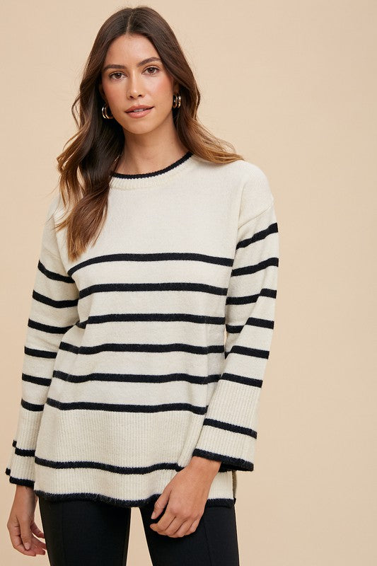 Annie Wear Side Slit Striped Round Neck Sweater - Brittney MADE