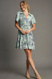 Umgee Full Size Landscape Print Collared Mini Dress Plus Size - Brittney MADE