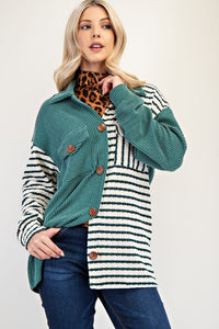 Celeste Full Size Striped Button Up Dropped Shoulder Shacket - Brittney MADE