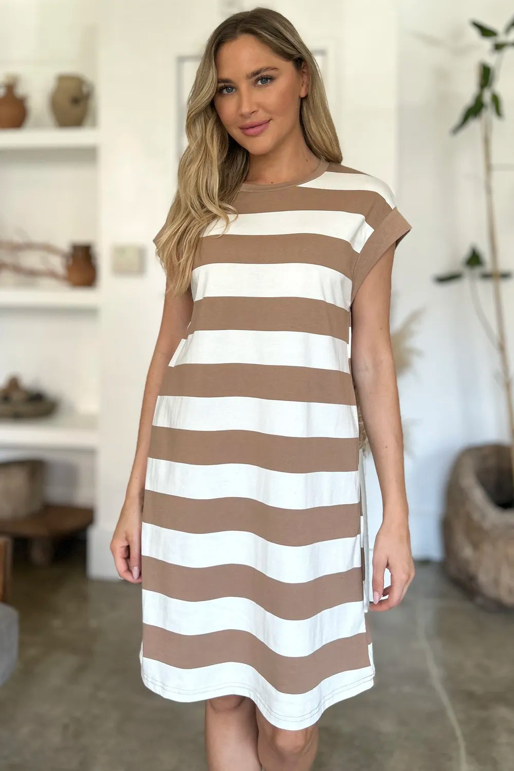 Basic Bae Full Size Striped Round Neck Cap Sleeve Mini Dress - Brittney MADE