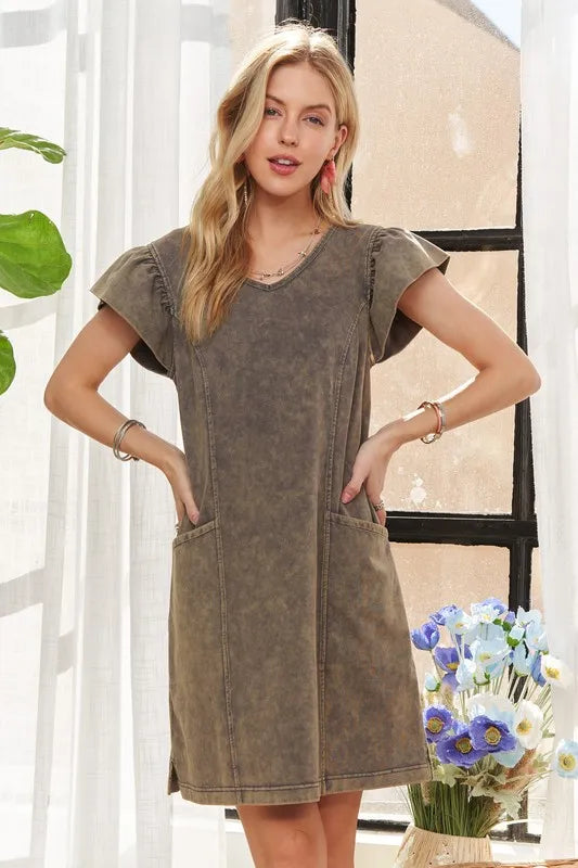 ADORA Mineral Washed V-Neck Ruffled Cap Sleeve Dress - Brittney MADE