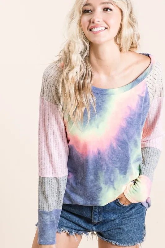 BiBi Tie Dye Terry Top With Color Block Pointelle Knit - Brittney MADE