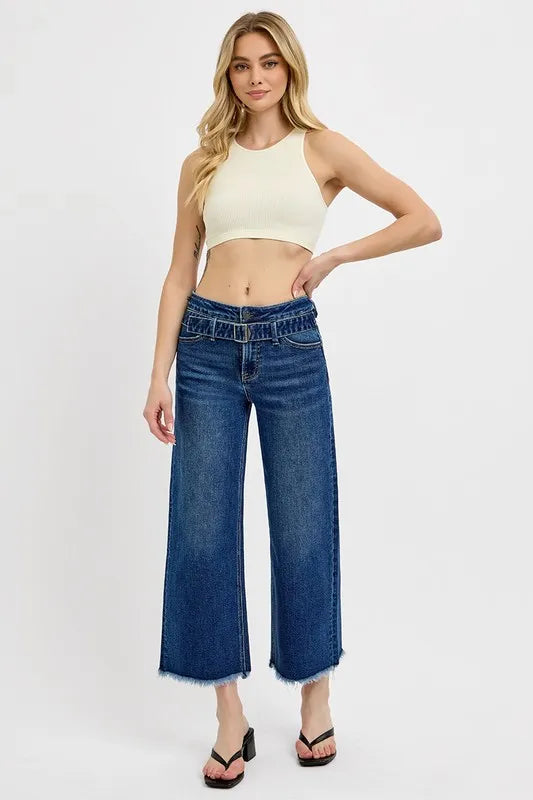 RISEN Raw Hem Wide Leg Attached Buckle Jeans - Brittney MADE