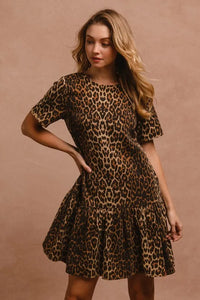 BiBi Tie Back Leopard Round Neck Short Sleeve Dress - Brittney MADE