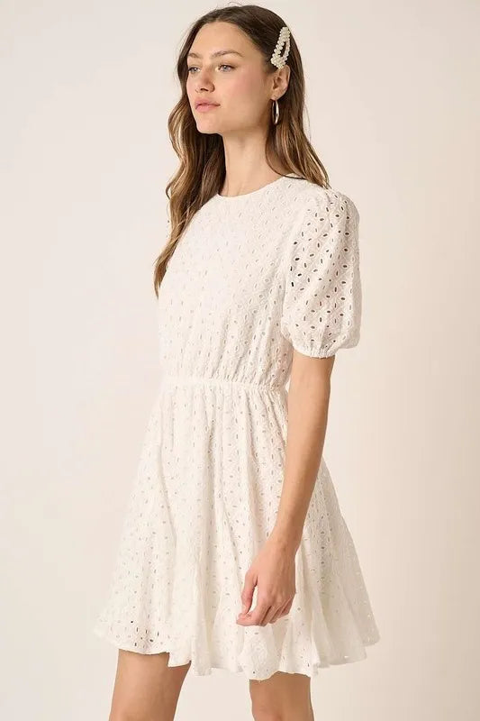 Mittoshop Eyelet Round Neck Puff Sleeve Mini Dress - Brittney MADE