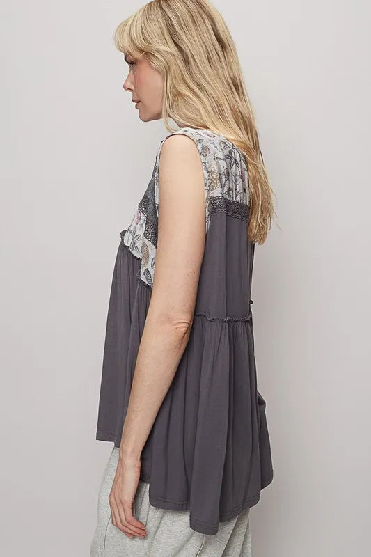 POL Lace Detail Frill Floral V-Neck Sleeveless Top - Brittney MADE