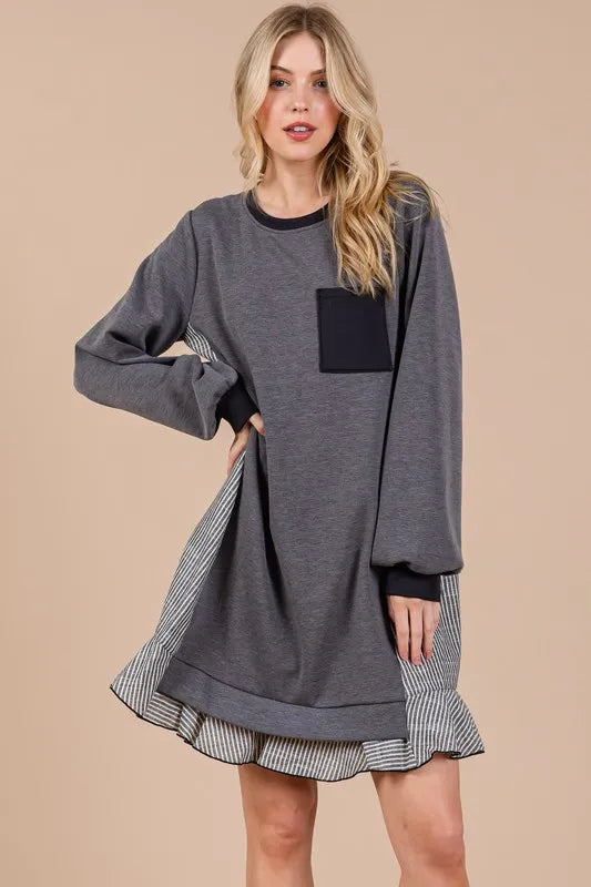 Ces Femme Striped Patchwork Round Neck Terry Sweatshirt Dress - Brittney MADE