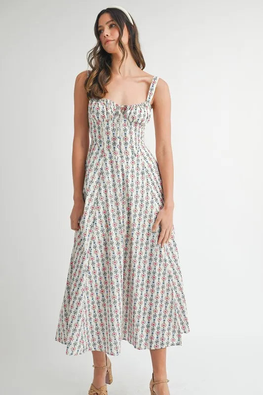 MABLE Floral Print Bustier Back Lace Up Midi Dress - Brittney MADE
