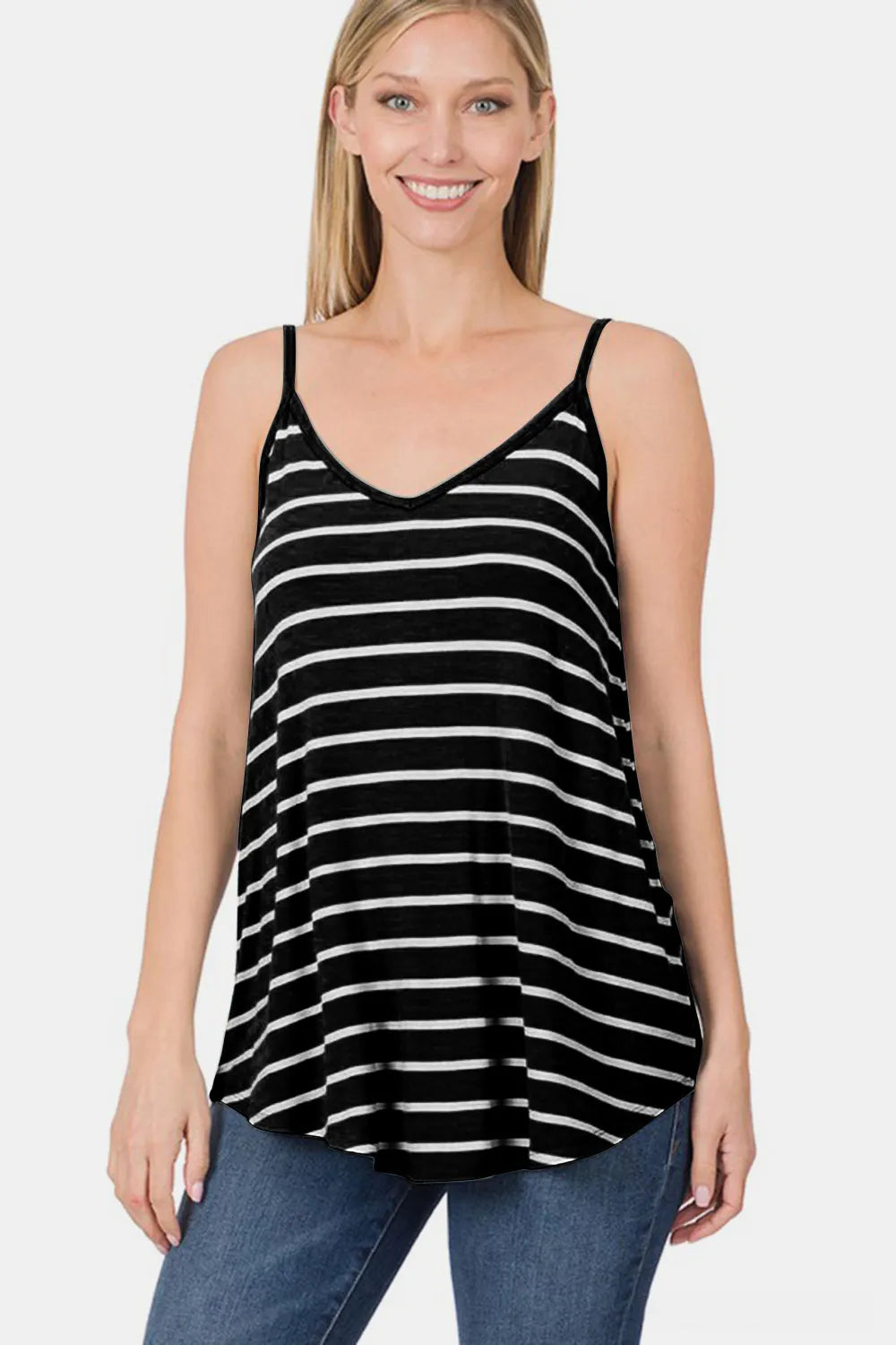 Zenana Striped V-Neck Curved Hem Cami - Brittney MADE