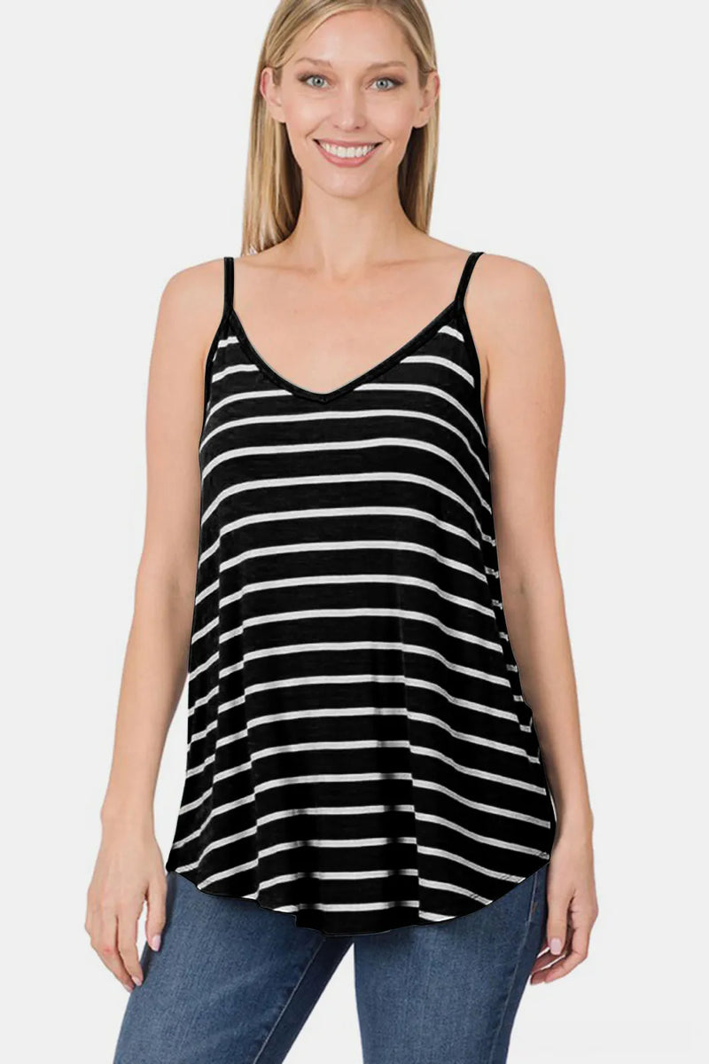 Zenana Striped V-Neck Curved Hem Cami - Brittney MADE