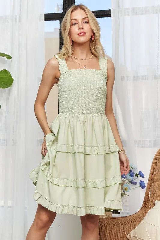 ADORA Smocked Ruffled Wide Strap Mini Dress - Brittney MADE