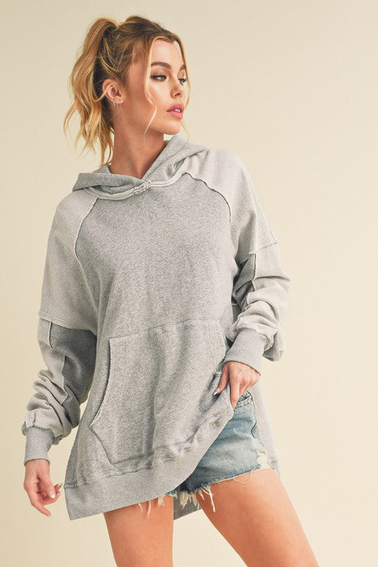 Aemi + Co Exposed Seam Side Slit Hoodie with Kangaroo Pocket - Brittney MADE