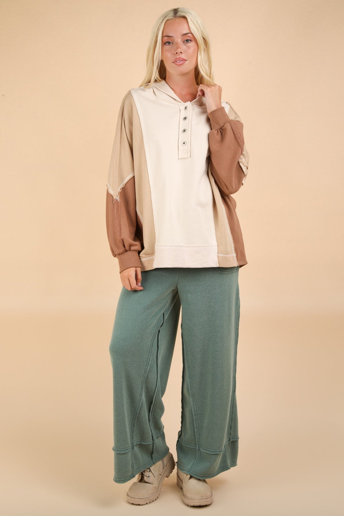 VERY J Exposed Seam Color Block Half Button Hoodie - Brittney MADE